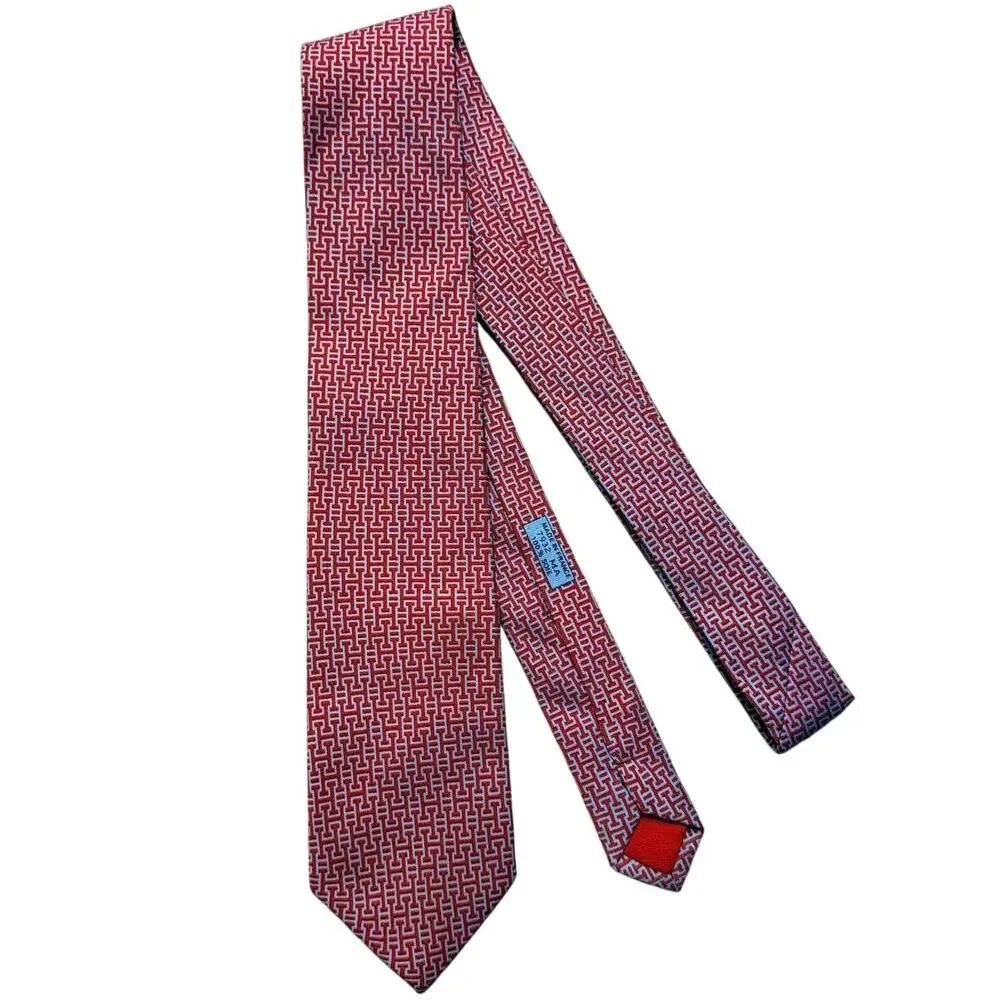 Hermès Paris Red Geometric Micro Print 100% Silk Necktie